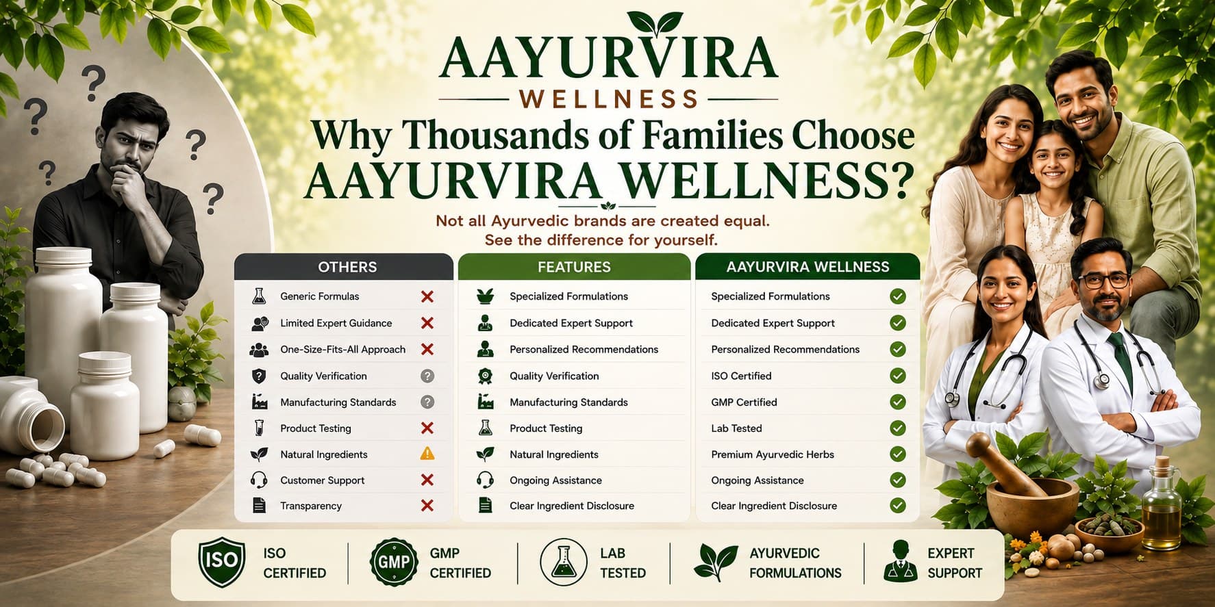 Why thousands of families choose Aayurvira Wellness — comparison of Aayurvira Wellness against other Ayurvedic brands across specialised formulations, expert support, ISO and GMP certification, lab testing, and clear ingredient disclosure