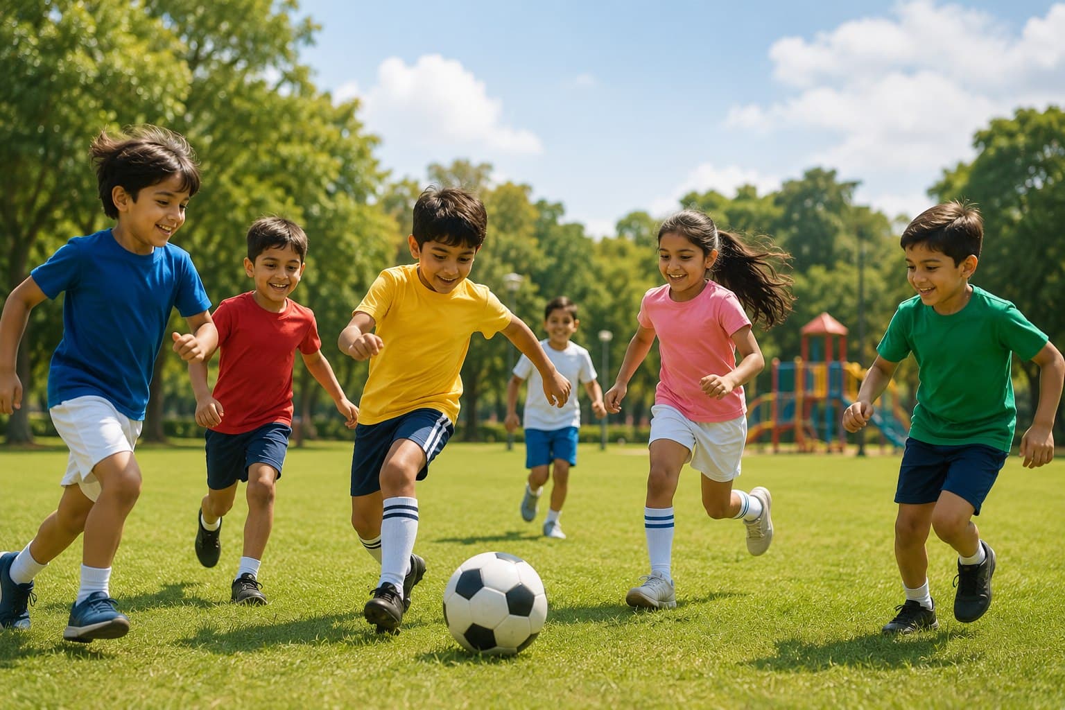 Happy children playing outdoors in a safe, green environment